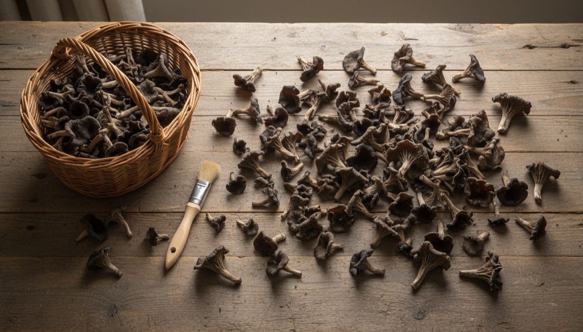 Trompettes de la mort fraîchement cueillies posées sur une table en bois à côté d'un panier